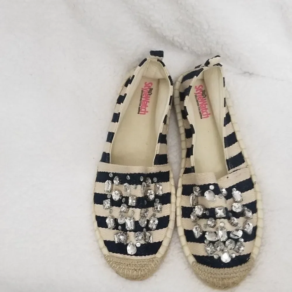 NWOT JUSTFAB Blue and White Espadrilles W/ Rhinestones Sz 10
